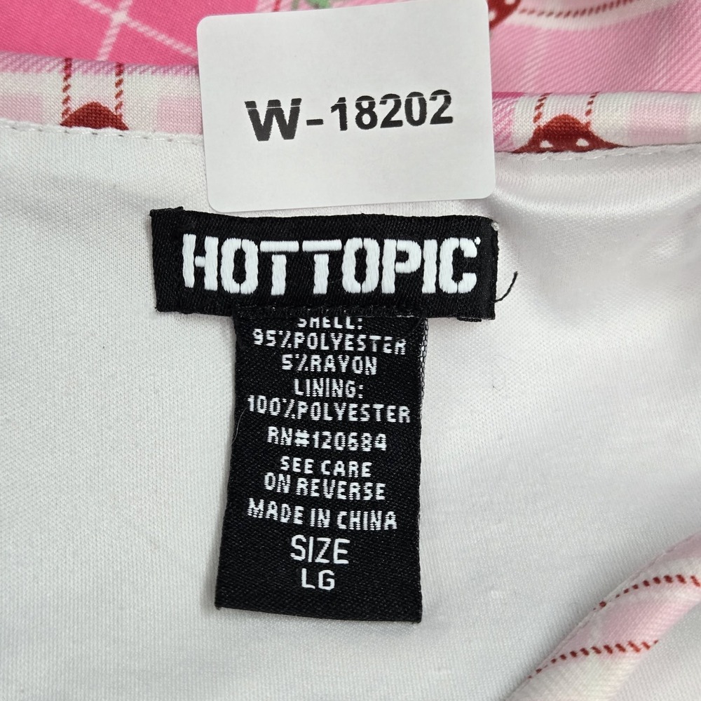 Hot Topic Women Dress L Pink Strawberry Plaid Lace Up Mini Fit & Flare V Neck - Picture 2 of 8